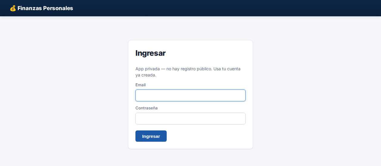 Pantalla de ingreso de Finanzas Personales